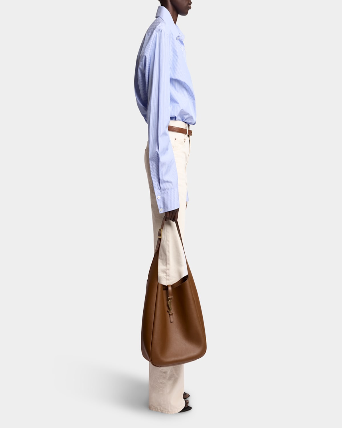 Saint Laurent Le 5a7 Large Ysl Shoulder Hobo Bag In Smooth Leather In Fox