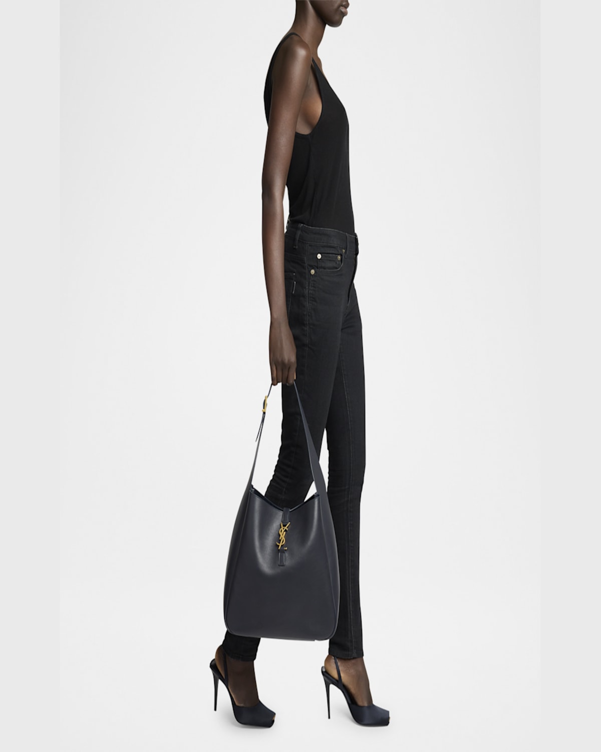 Saint Laurent Le 5a7 Large Ysl Shoulder Hobo Bag In Smooth Leather In Notte