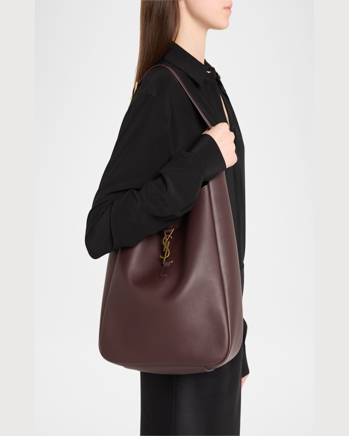 Saint Laurent Le 5a7 Large Ysl Shoulder Hobo Bag In Smooth Leather In  Dark Currant