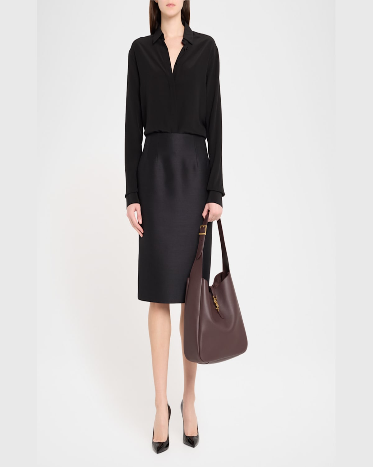 Saint Laurent Le 5a7 Large Ysl Shoulder Hobo Bag In Smooth Leather In  Dark Currant