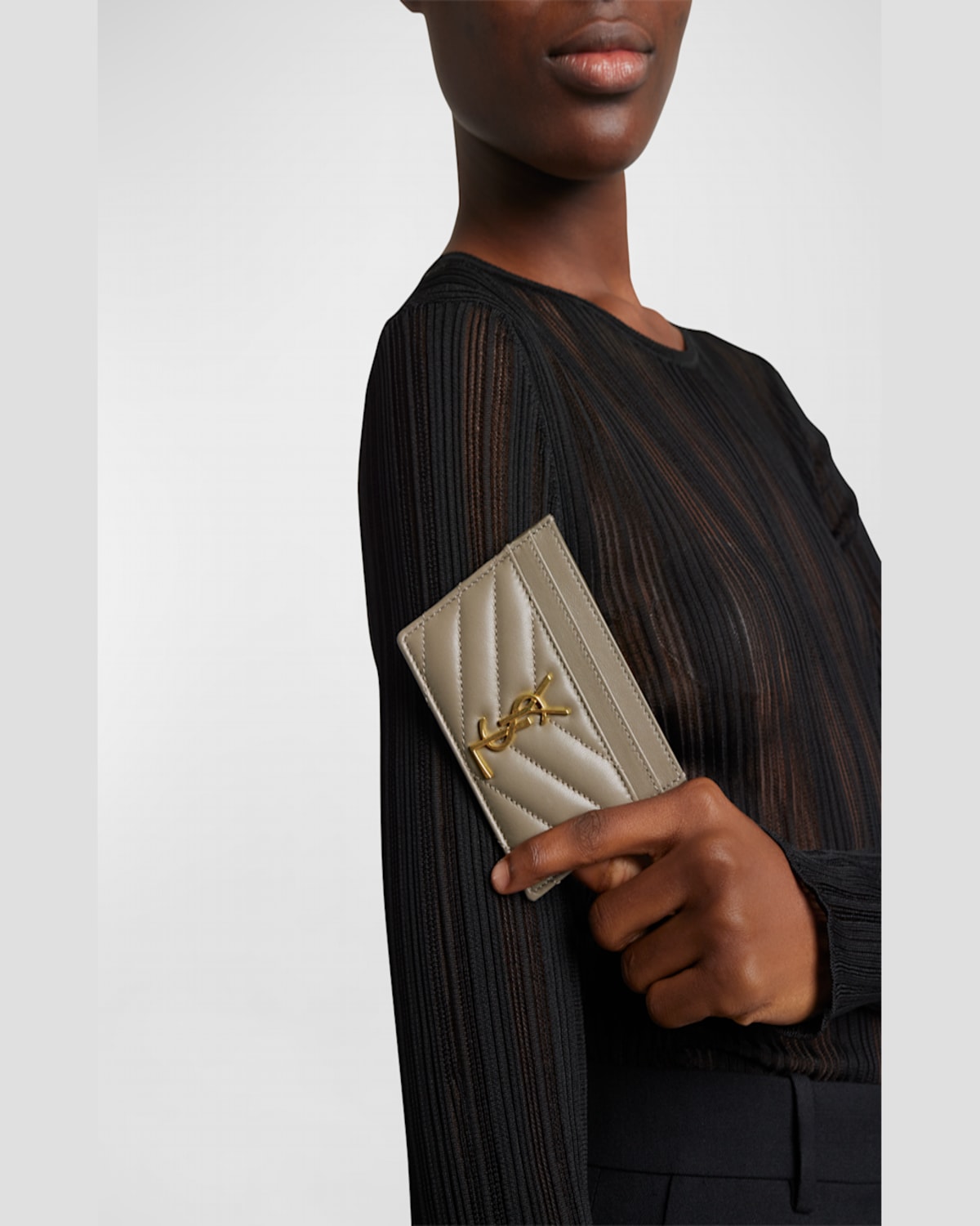 Saint Laurent Ysl Monogram Card Case In Quilted Smooth Leather In Greyish Brown