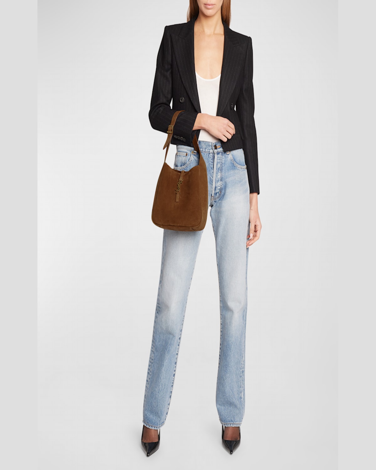 Shop Saint Laurent Le 5 A 7 Small Suede Hobo Shoulder Bag In Barley Pink