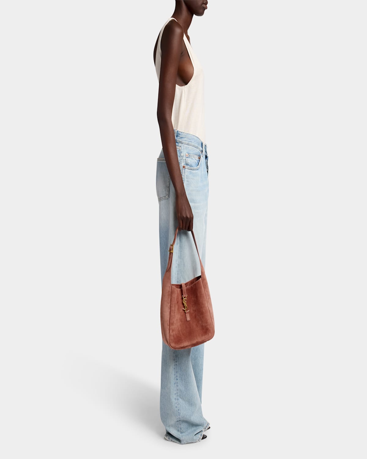 Shop Saint Laurent Le 5 A 7 Small Suede Hobo Shoulder Bag In Barley Pink