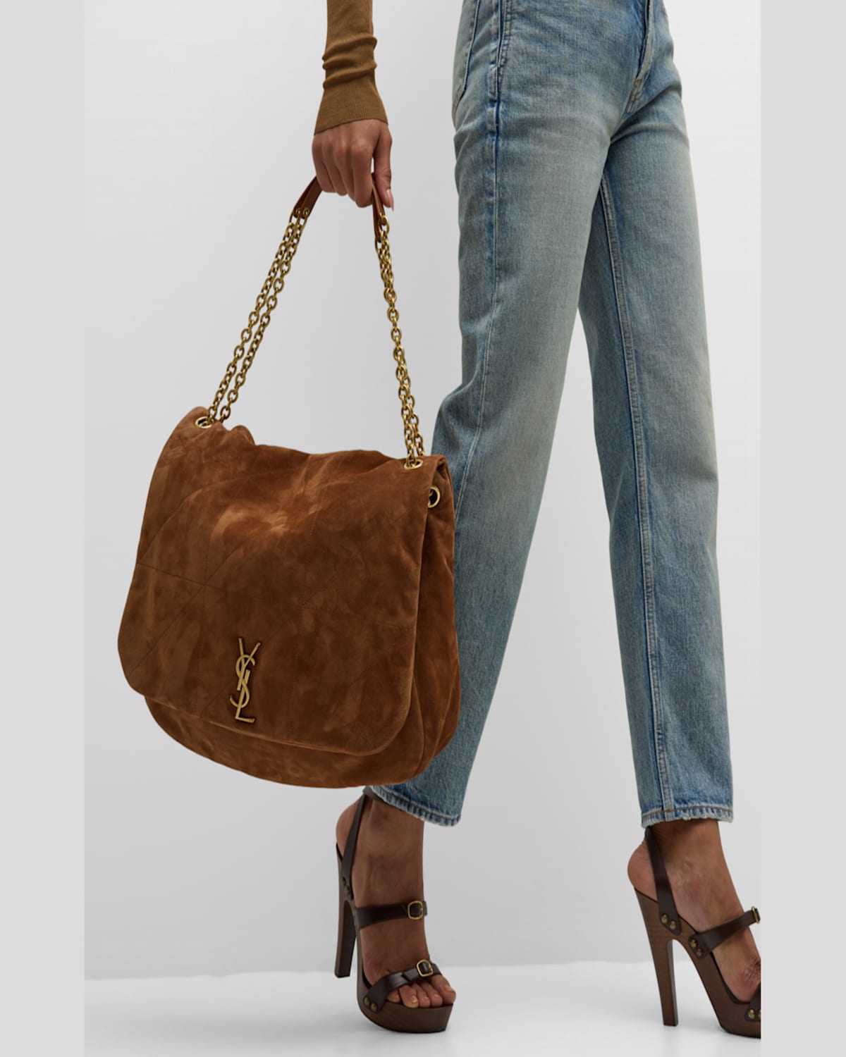 Saint Laurent Jamie 4.3 Maxi Ysl Shoulder Bag In Quilted Suede In Golden Leaf