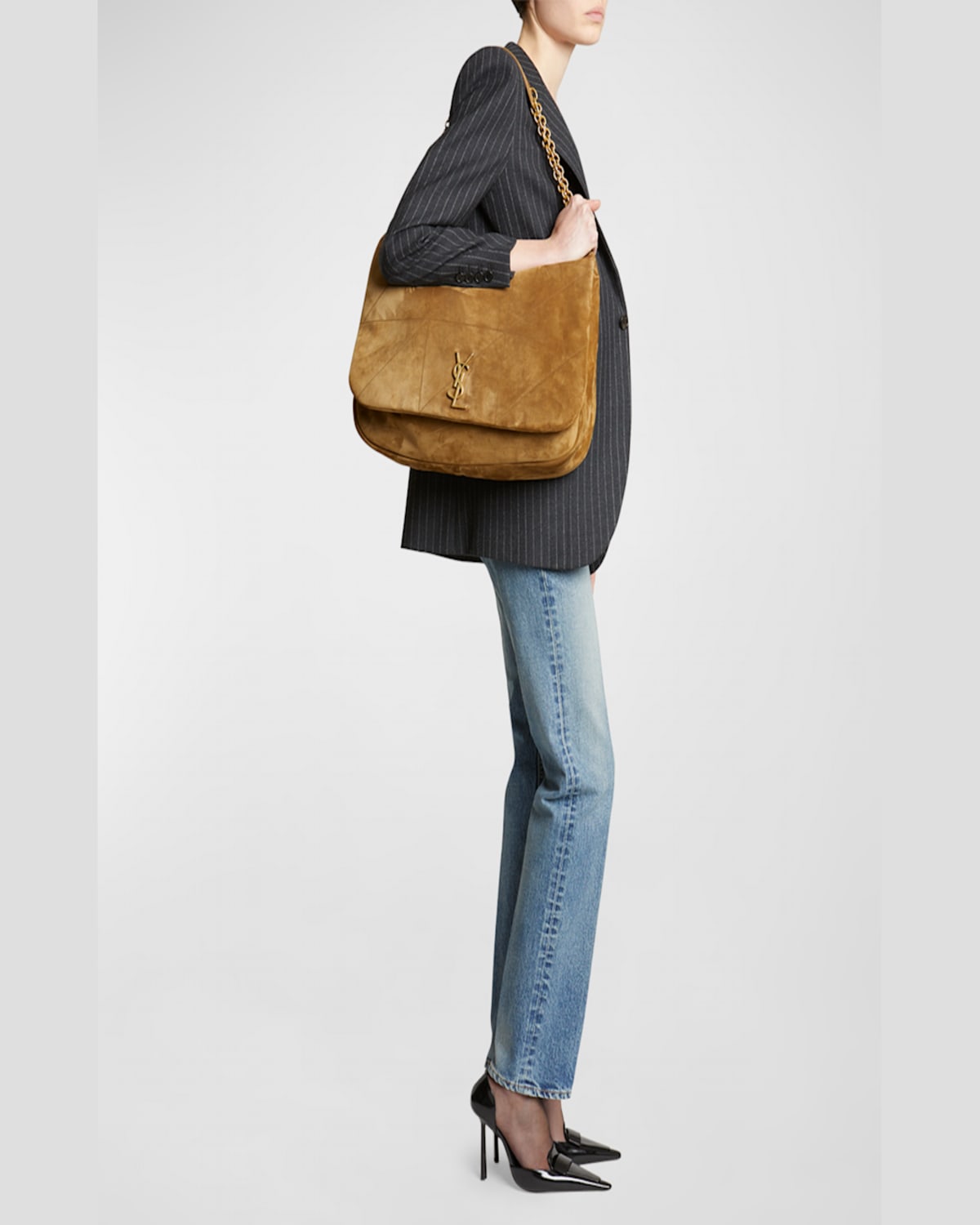 Saint Laurent Jamie 4.3 Maxi Ysl Shoulder Bag In Quilted Suede In Golden Leaf
