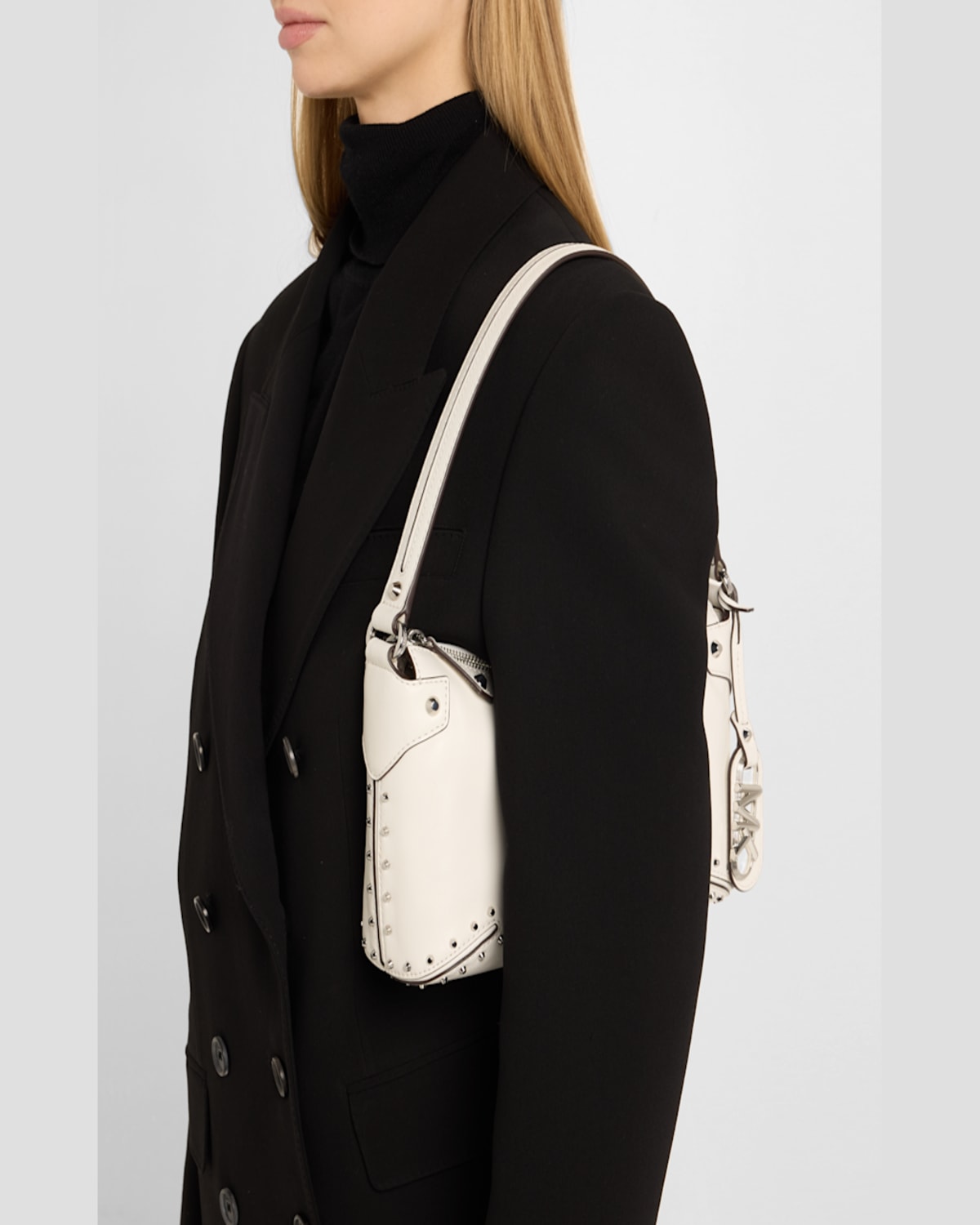 Michael Michael Kors Large Studded Leather Pouchette Shoulder Bag In Optic Whit