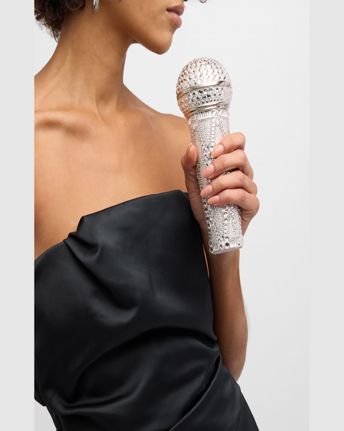 Judith Leiber Microphone Crystal Clutch Bag With Chain Strap In Silver Rhine