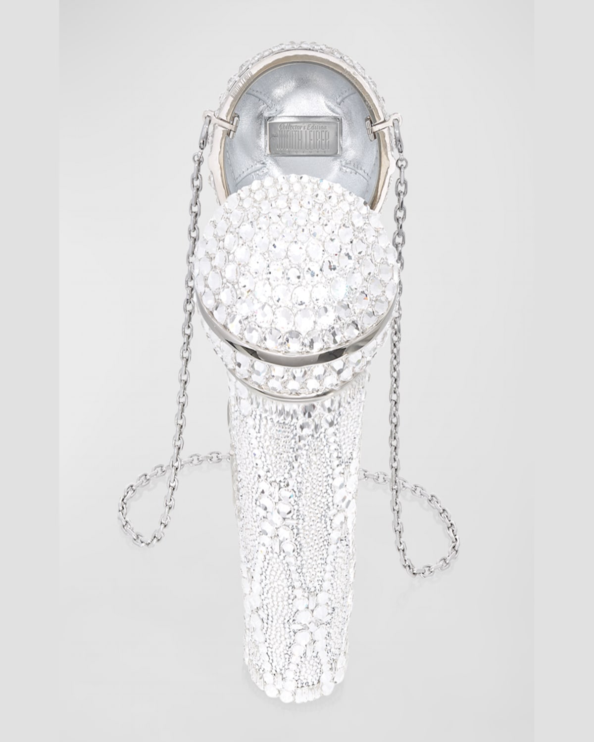 Judith Leiber Microphone Crystal Clutch Bag With Chain Strap In Silver Rhine