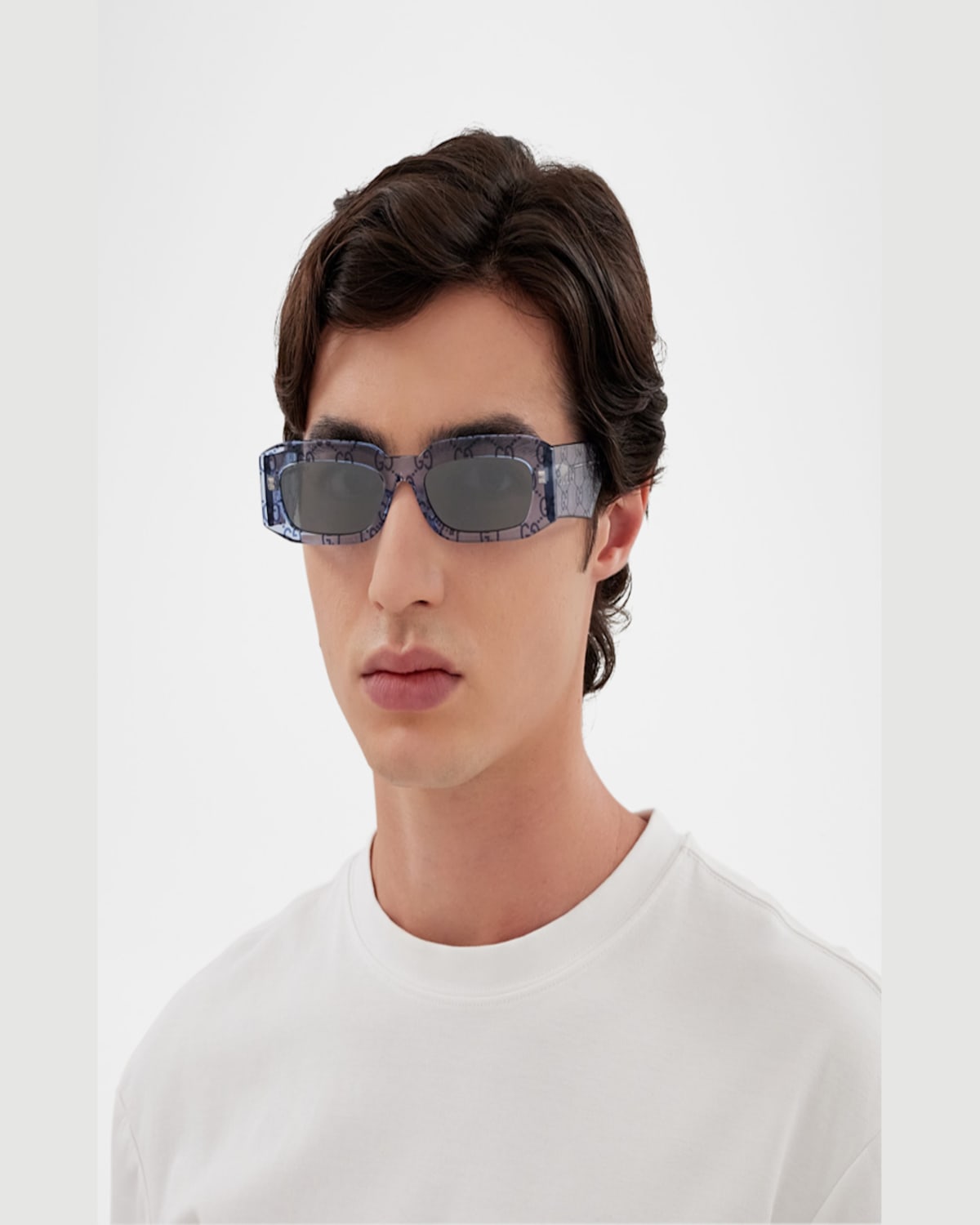 Gucci Men's Gg1426sm Acetate Rectangle Sunglasses In Shiny Bilayer Crystaltransparent Azur