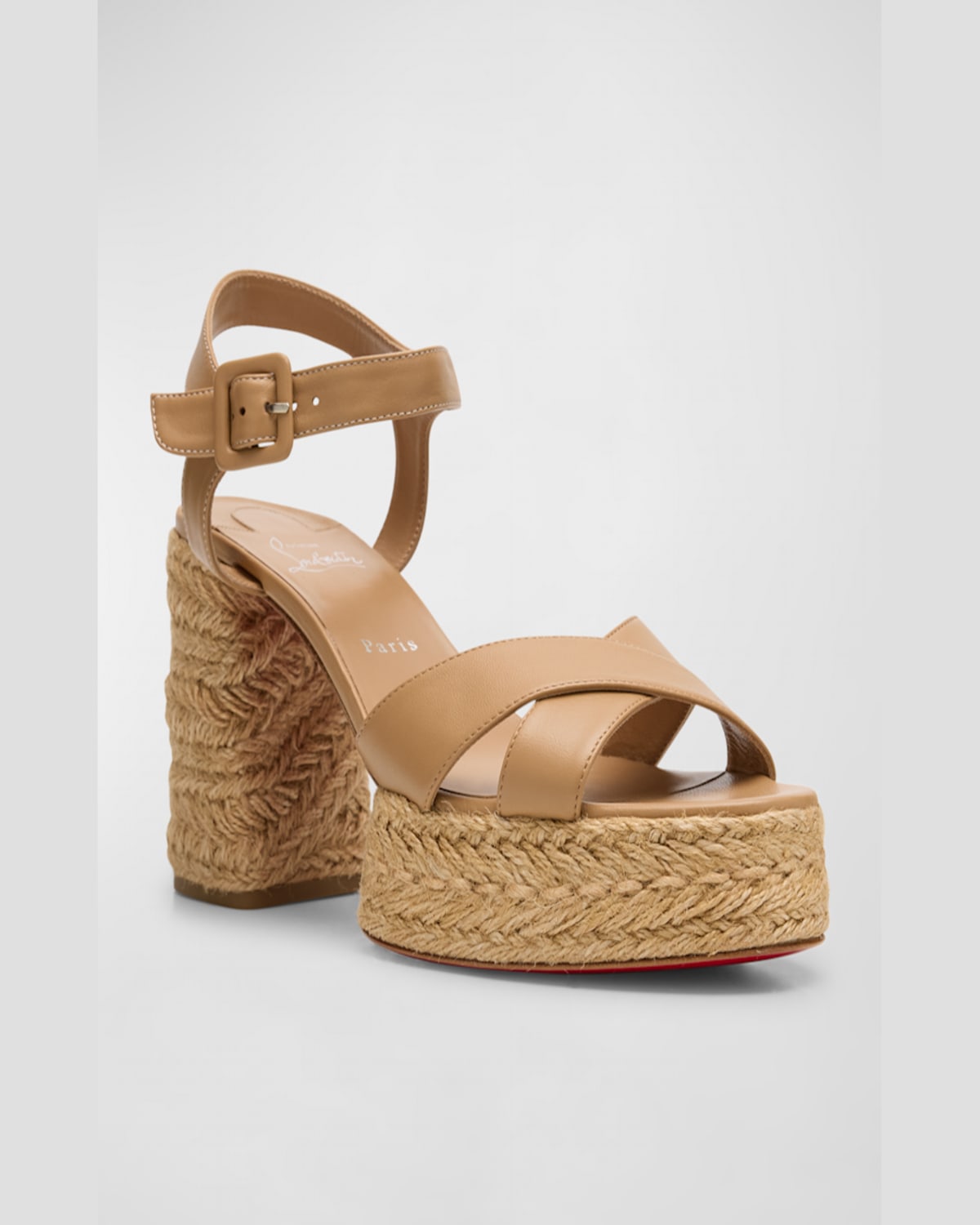 Christian Louboutin Calakala Leather Crisscross Red Sole Espadrille Sandals In Bianco