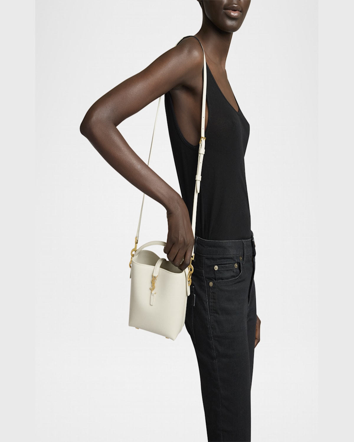 Shop Saint Laurent Le 37 Mini Ysl Bucket Bag In Smooth Leather In Blanc Vintage