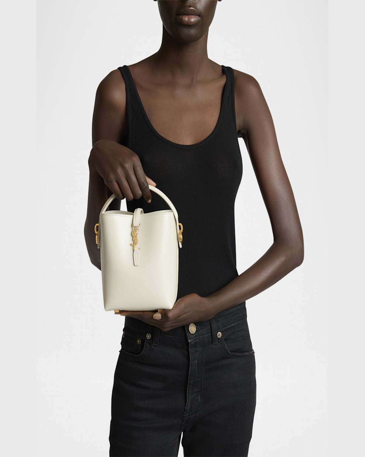 Shop Saint Laurent Le 37 Mini Ysl Bucket Bag In Smooth Leather In Blanc Vintage