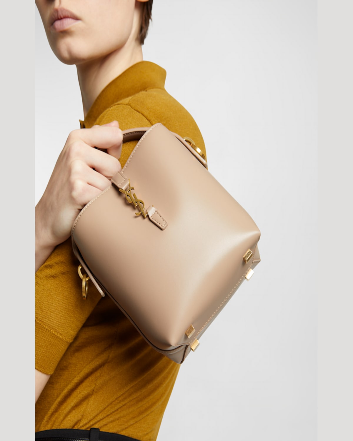 Shop Saint Laurent Le 37 Mini Ysl Bucket Bag In Smooth Leather In Dark Beige