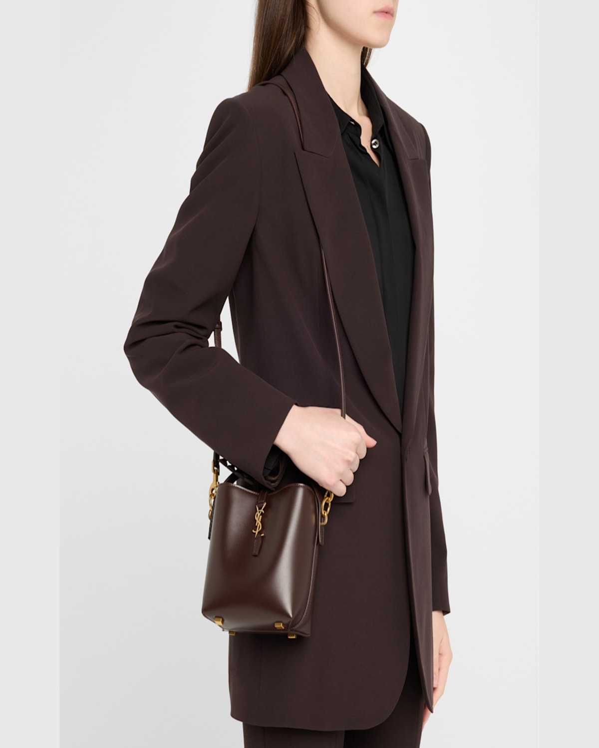 Saint Laurent Le 37 Mini Ysl Bucket Bag In Smooth Leather In Arabica