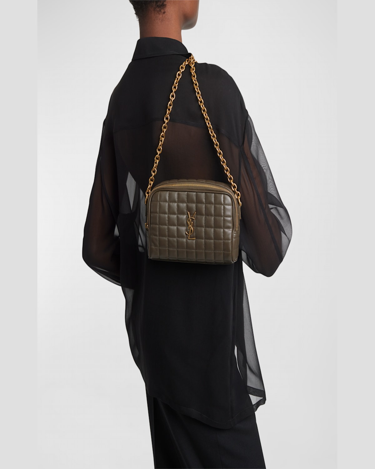 Saint Laurent Cassandre Mini Ysl Camera Bag In Quilted Smooth Leather In Light Musk