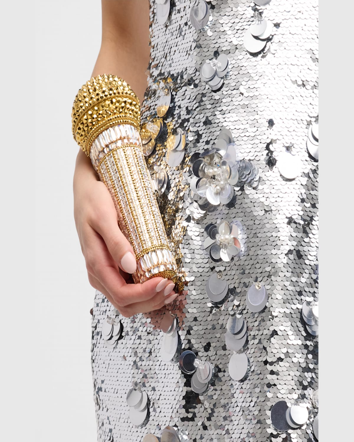Judith Leiber Diva Microphone Crystal Clutch Bag In Silver Aurum