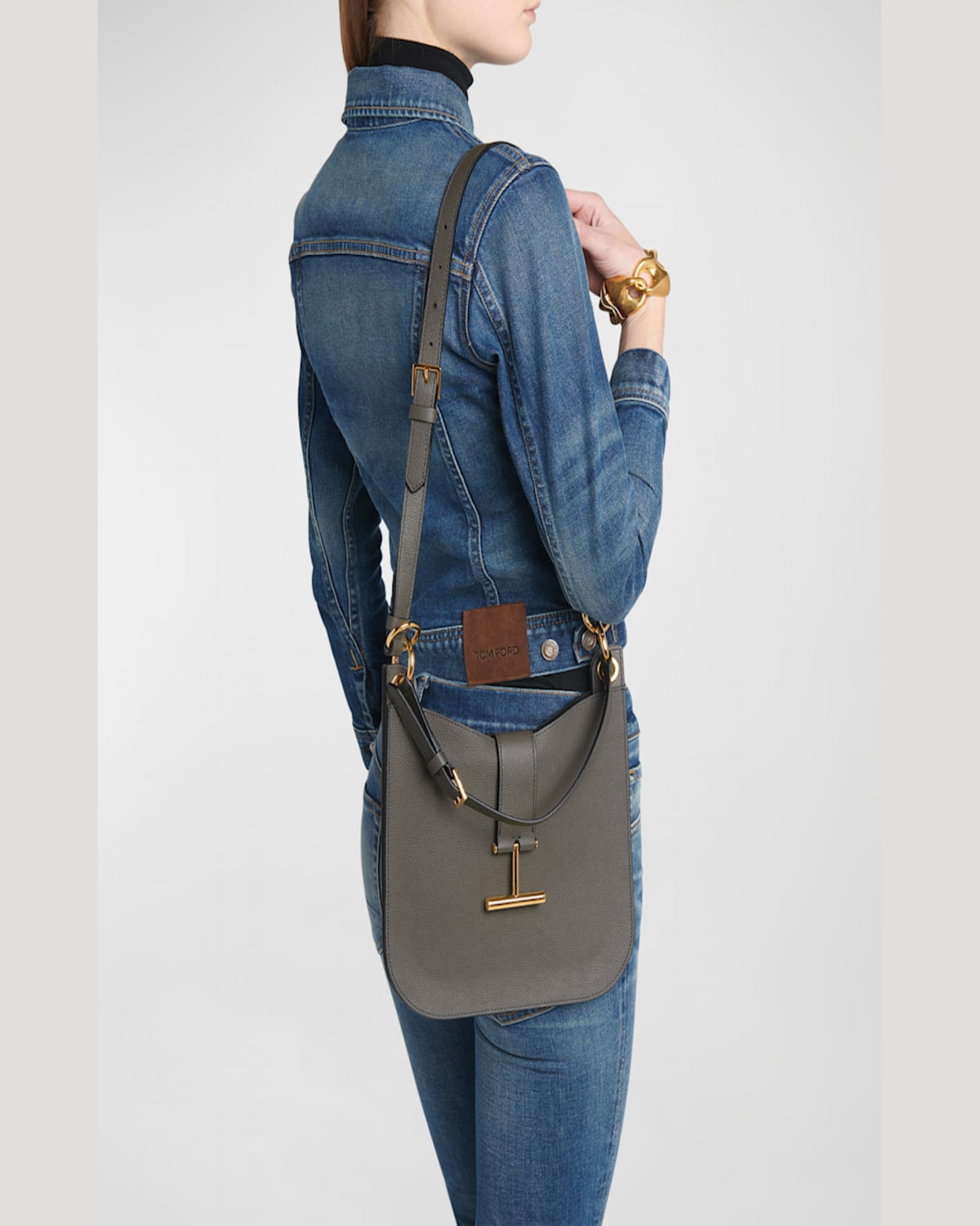 Tom Ford Small Tara T-bar Leather Shoulder Bag In Gray