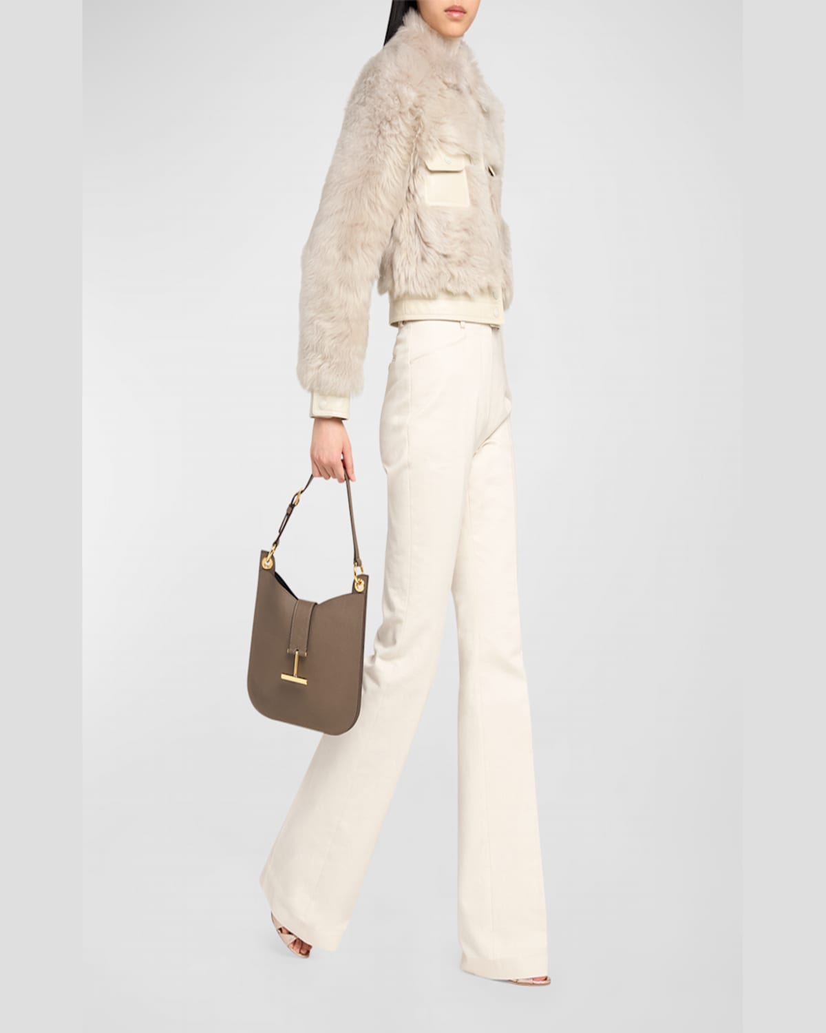 Tom Ford Tara Small Hobo Crossbody In Grained Leather In Greige