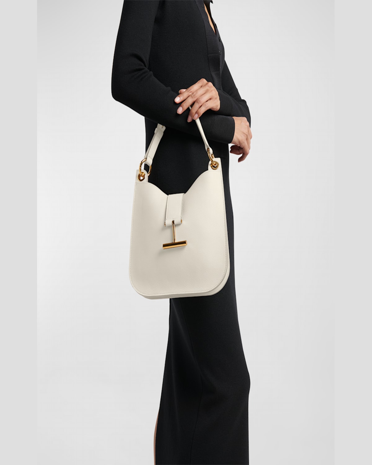 Tom Ford Tara Small Hobo Crossbody In Grained Leather In Neutral