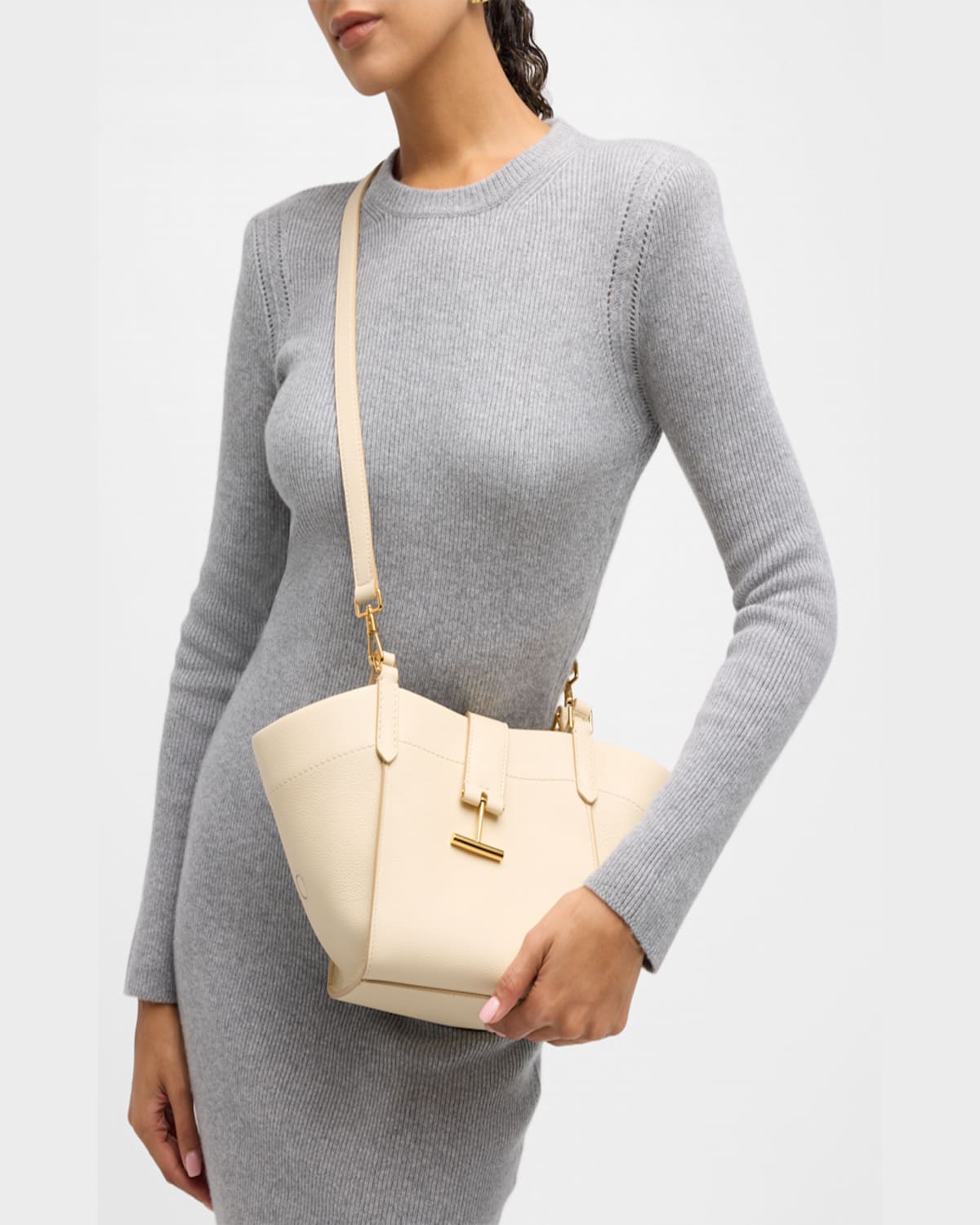 Tom Ford Tara Small Tote In Grained Leather In Cream