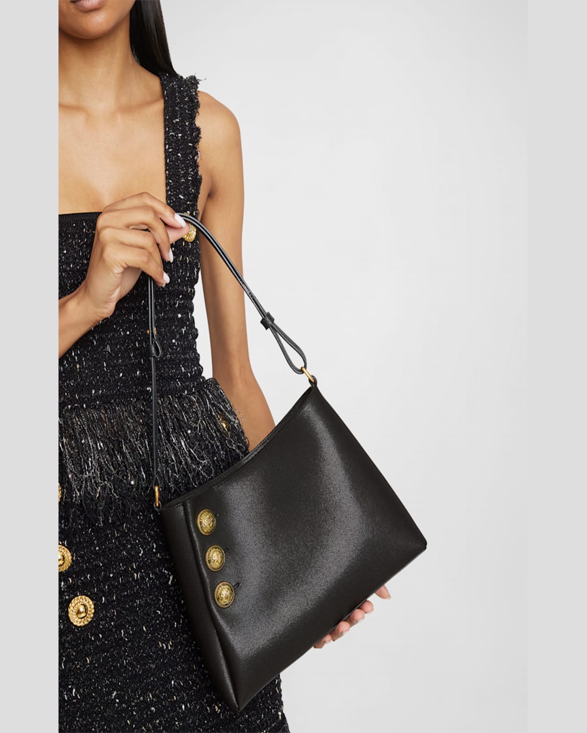 Shop Balmain Embleme Shoulder Bag In Grained Leather In 0dx Nude Pink