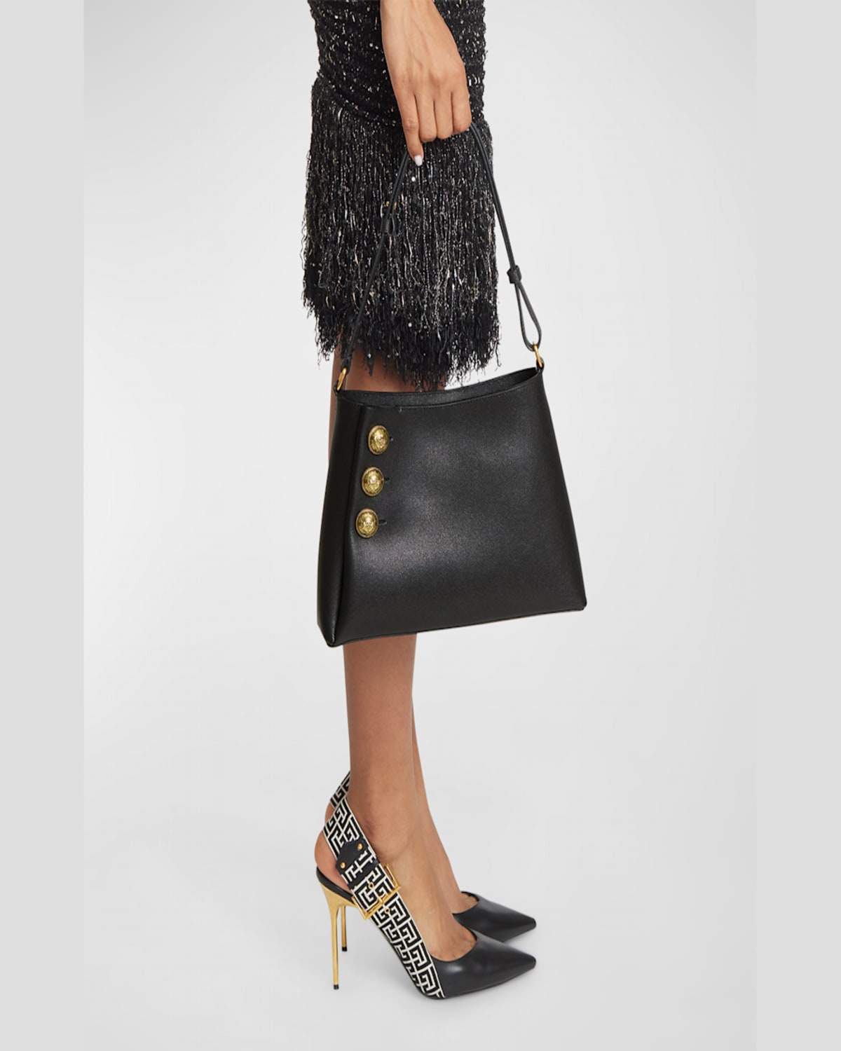 Shop Balmain Embleme Shoulder Bag In Grained Leather In 0dx Nude Pink