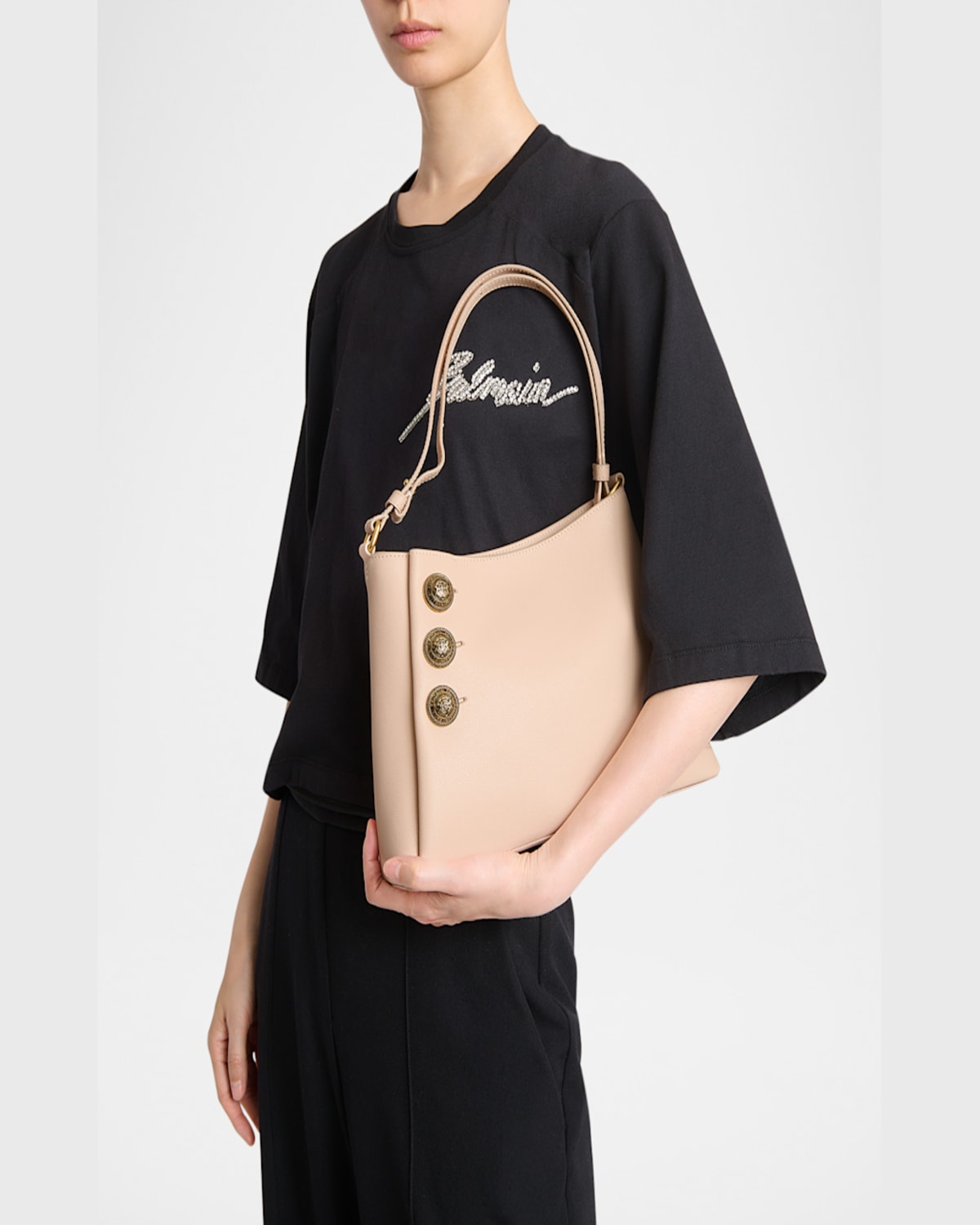 Shop Balmain Embleme Shoulder Bag In Grained Leather In 0dx Nude Pink