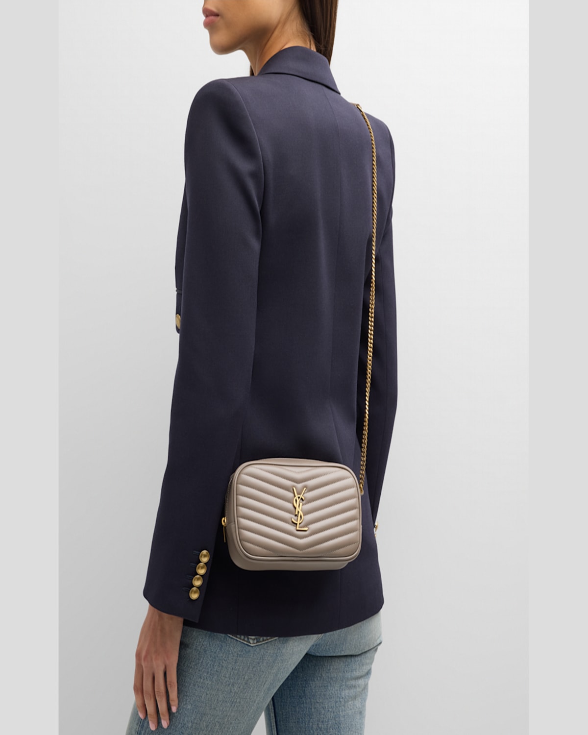 Saint Laurent Lou Mini Ysl Camera Bag In Smooth Quilted Leather In Greyish Brown