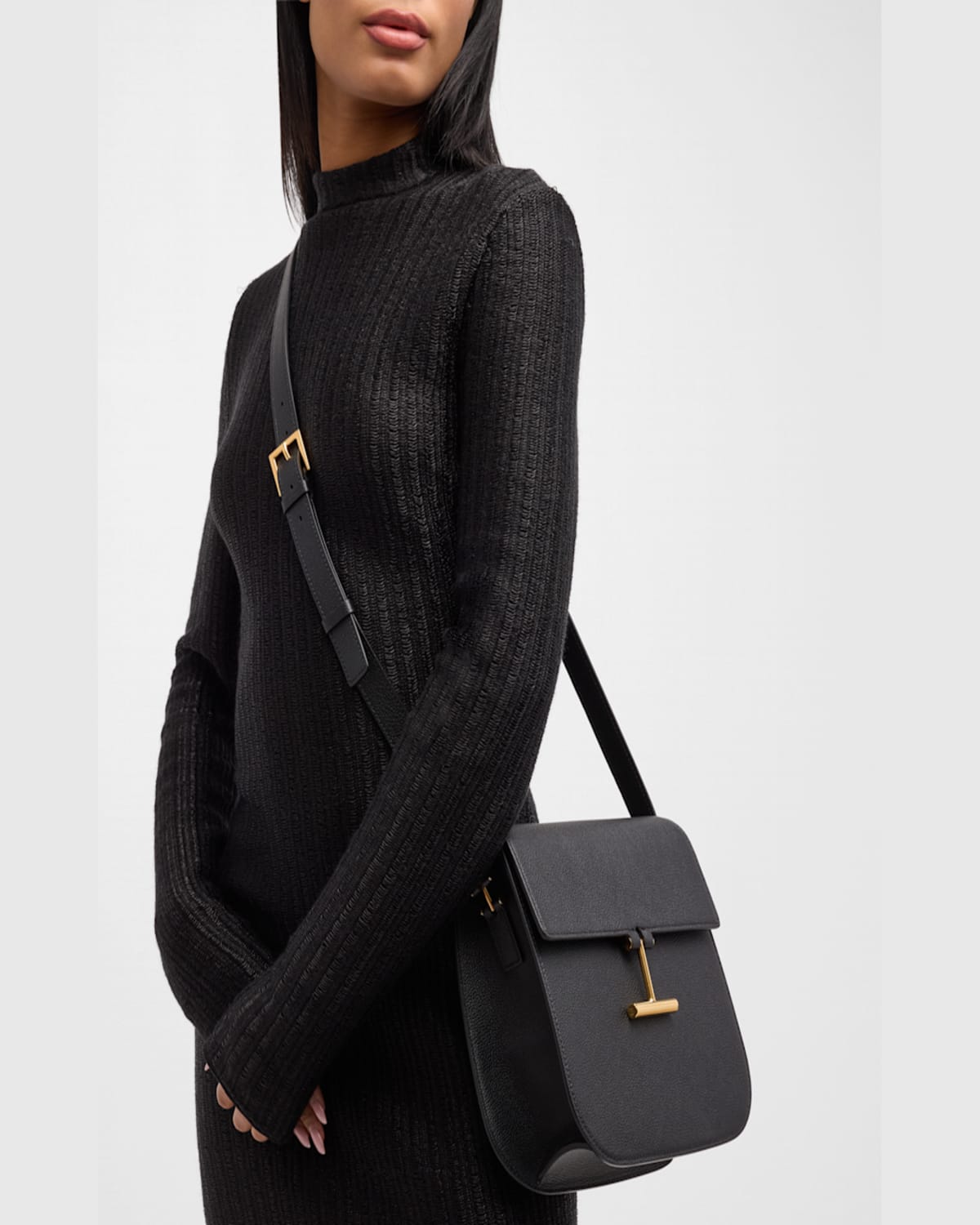 Tom Ford Tara Medium Crossbody In Grained Leather With Leather Strap In Light Beige