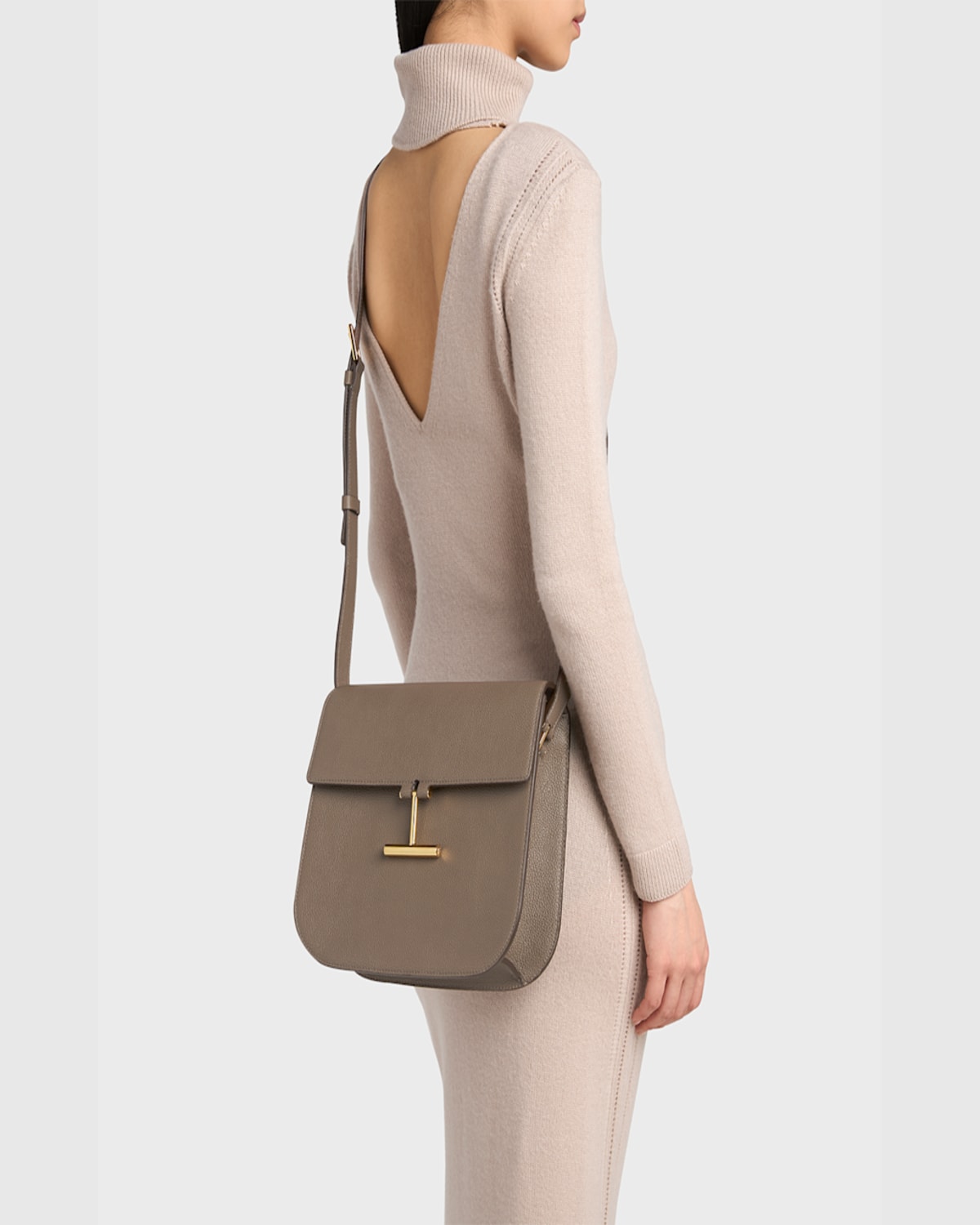 Tom Ford Tara Medium Crossbody In Grained Leather With Leather Strap In Greige