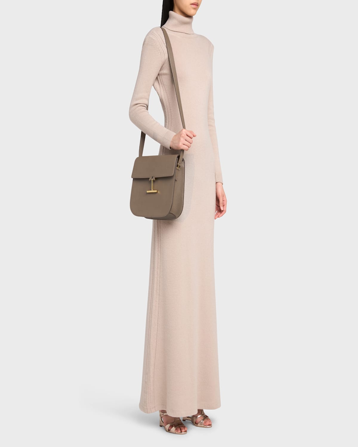 Tom Ford Tara Medium Crossbody In Grained Leather With Leather Strap In Greige