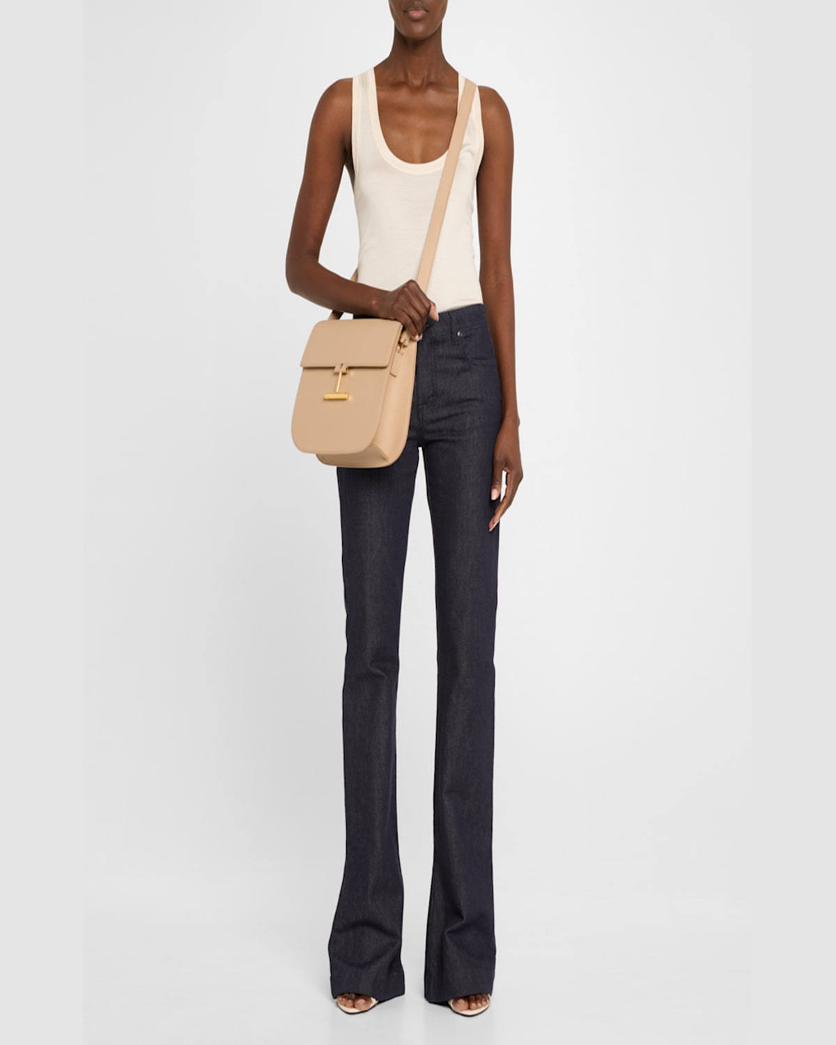 Tom Ford Tara Medium Crossbody In Grained Leather With Leather Strap In Light Beige