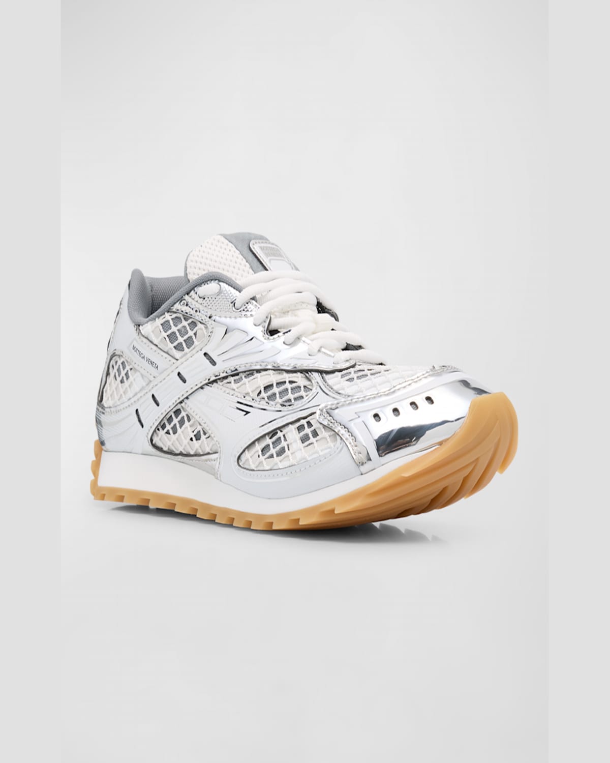 Shop Bottega Veneta Orbit Metallic Net Runner Sneakers In Gold White