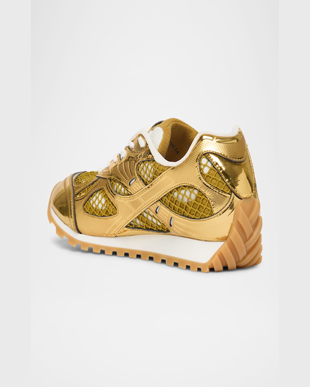 Shop Bottega Veneta Orbit Metallic Net Runner Sneakers In Gold White