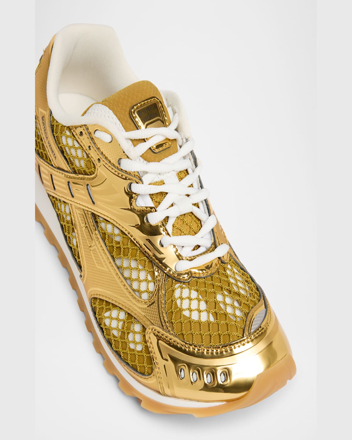Shop Bottega Veneta Orbit Metallic Net Runner Sneakers In Gold White