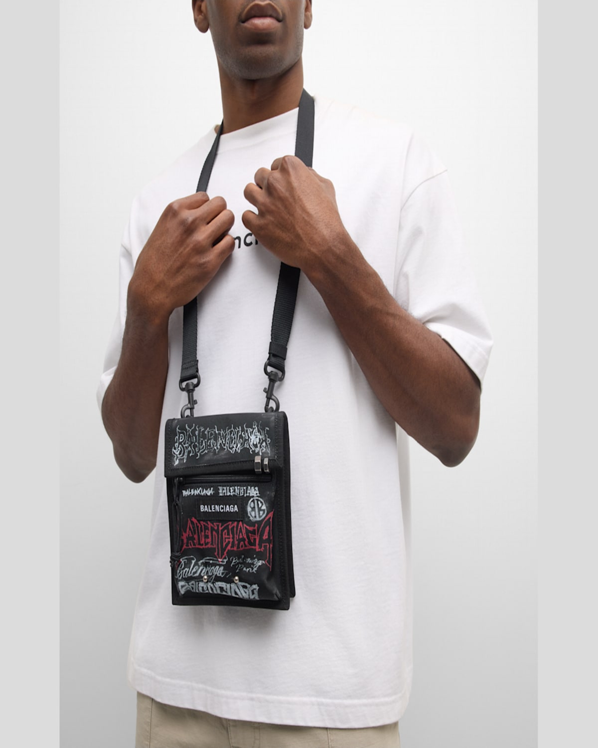 Balenciaga Men's Explorer Diy Metal Allover Small Pouch With Strap In 1000 Black