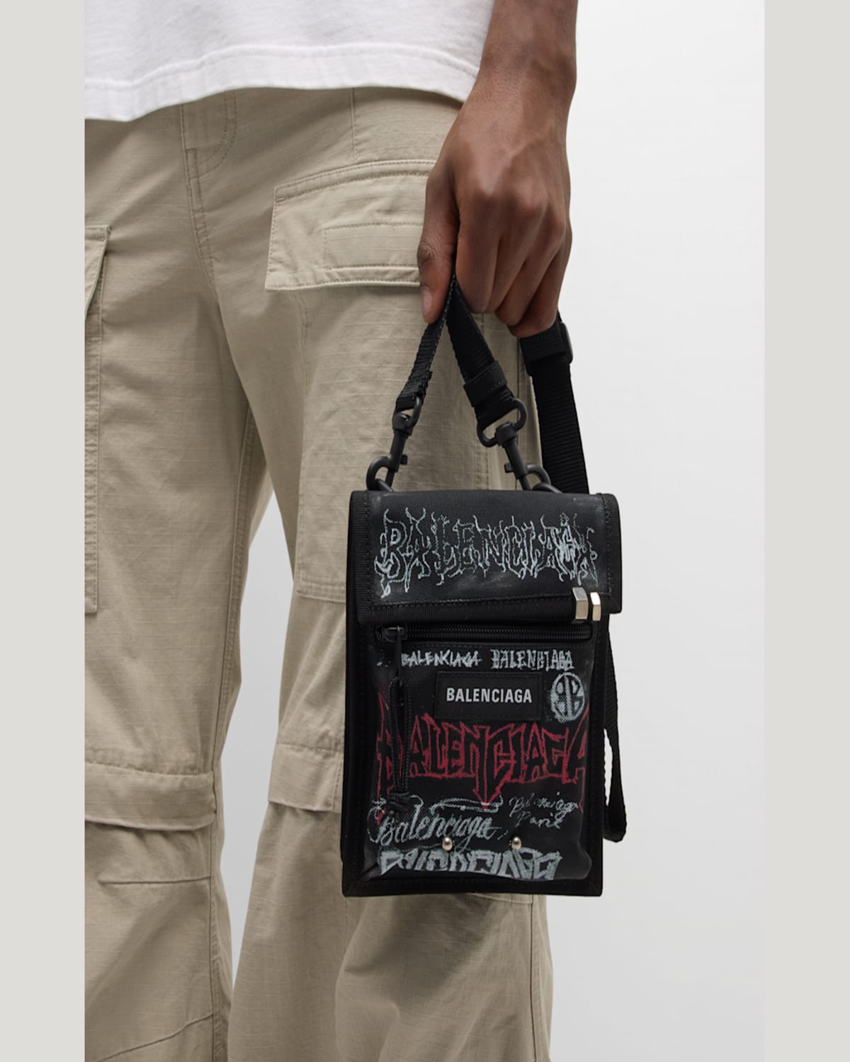 Balenciaga Men's Explorer Diy Metal Allover Small Pouch With Strap In 1000 Black