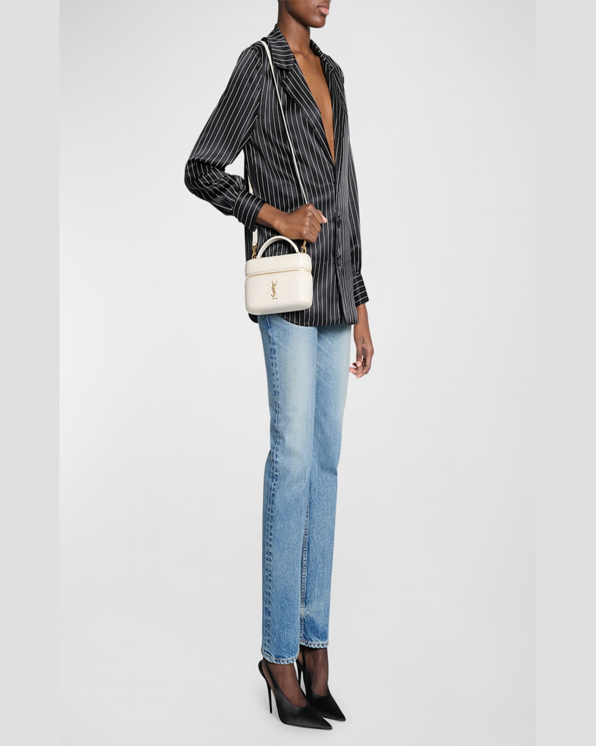Saint Laurent Gabby Mini Vanity Case In Quilted Leather With Gold Hardware In Crema Soft