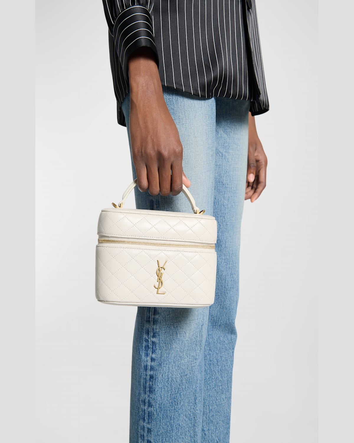 Saint Laurent Gabby Mini Vanity Case In Quilted Leather With Gold Hardware In Crema Soft