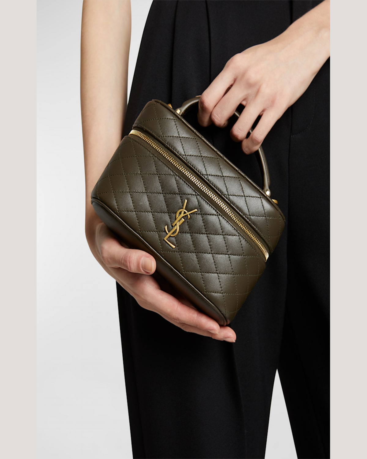 Saint Laurent Gabby Mini Vanity Case In Quilted Leather With Gold Hardware In Light Musk