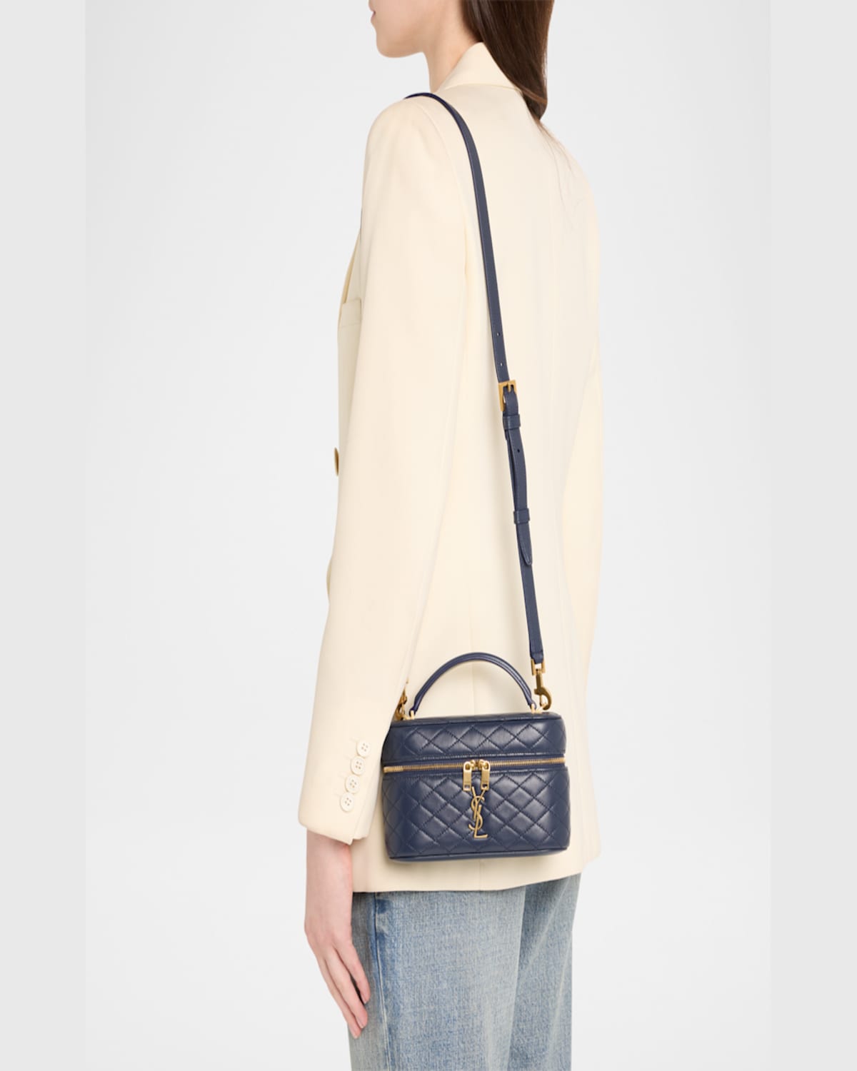 Saint Laurent Gabby Mini Vanity Case In Quilted Leather With Gold Hardware In Marine