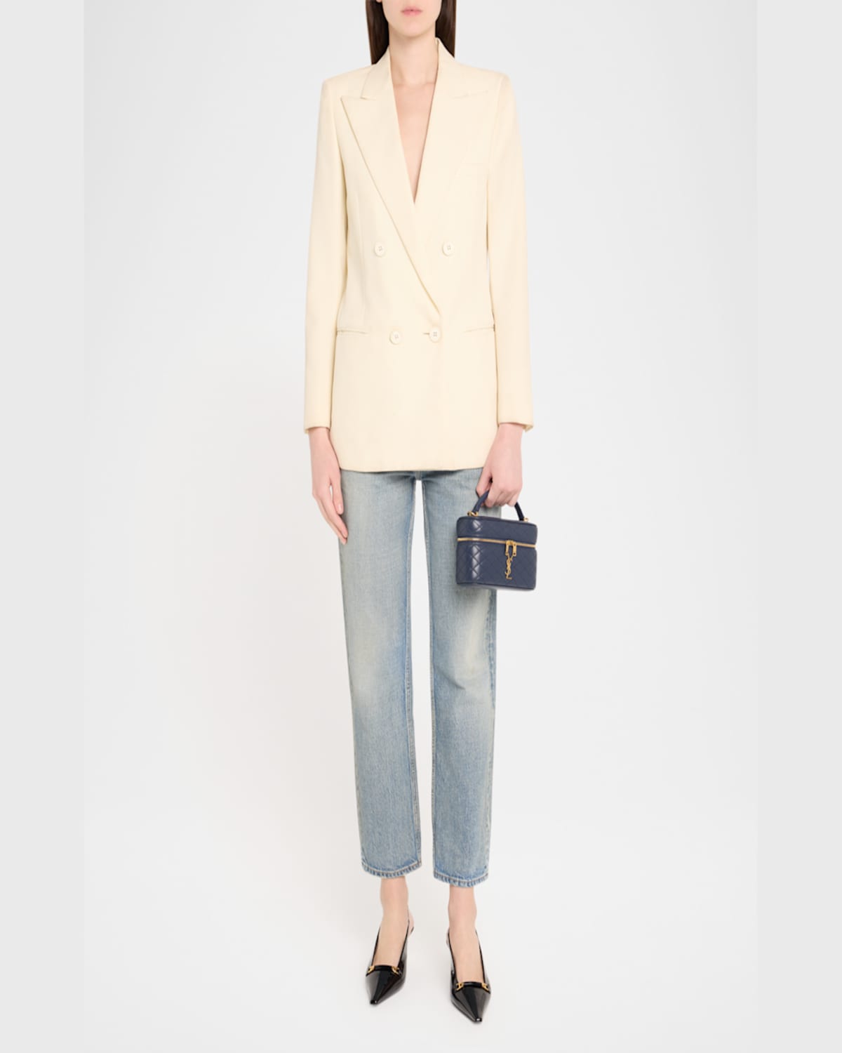Saint Laurent Gabby Mini Vanity Case In Quilted Leather With Gold Hardware In Marine