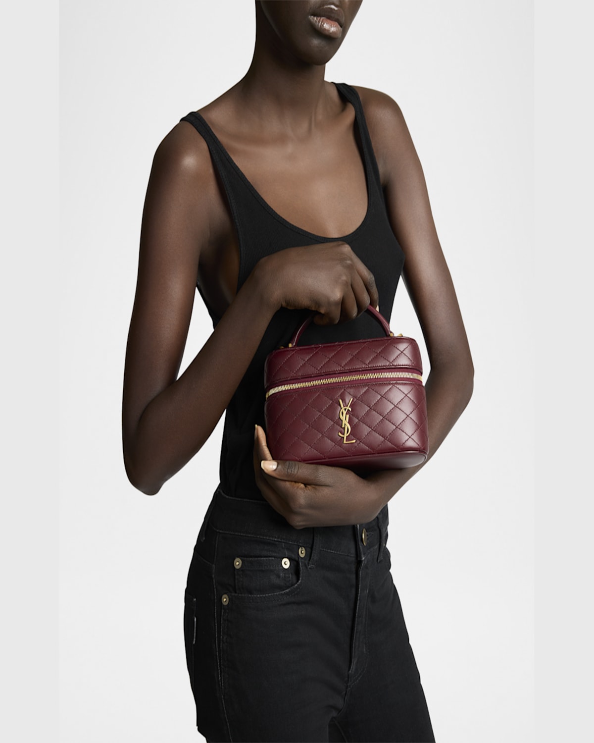 Shop Saint Laurent Gabby Mini Vanity Case In Quilted Leather With Gold Hardware In Dark Toffee
