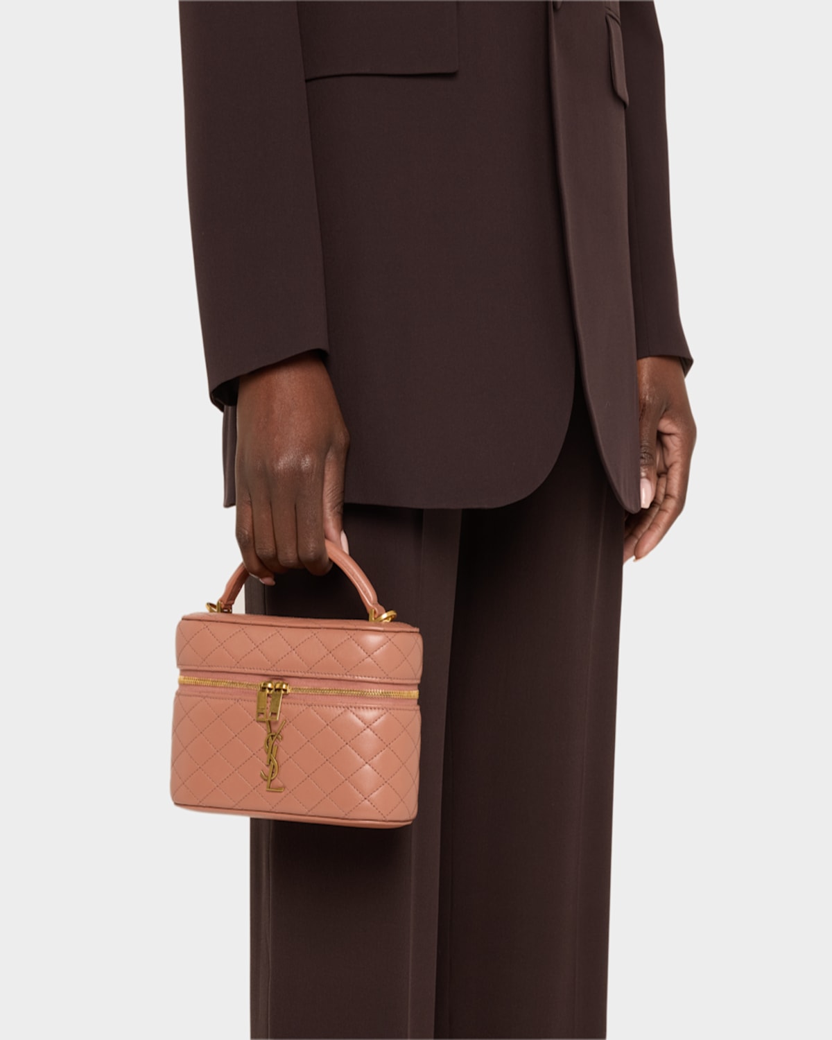 Saint Laurent Gabby Mini Vanity Case In Quilted Leather With Gold Hardware In Barely Pink