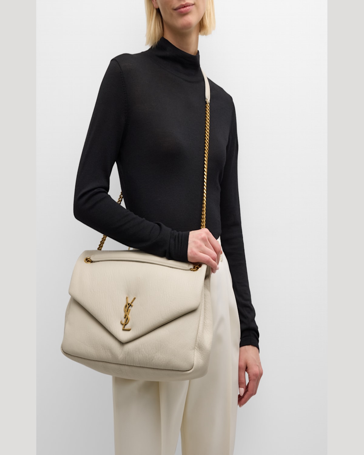 Saint Laurent Calypso Large Ysl Shoulder Bag In Leather In Crema Soft