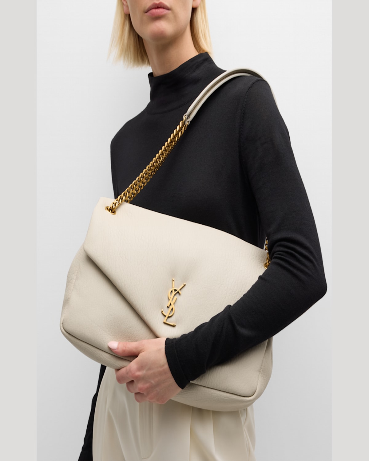 Saint Laurent Calypso Large Ysl Shoulder Bag In Leather In Crema Soft