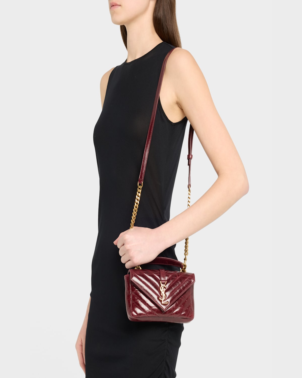 Saint Laurent College Mini Ysl Quilted Crossbody Bag In Rouge Cabernet