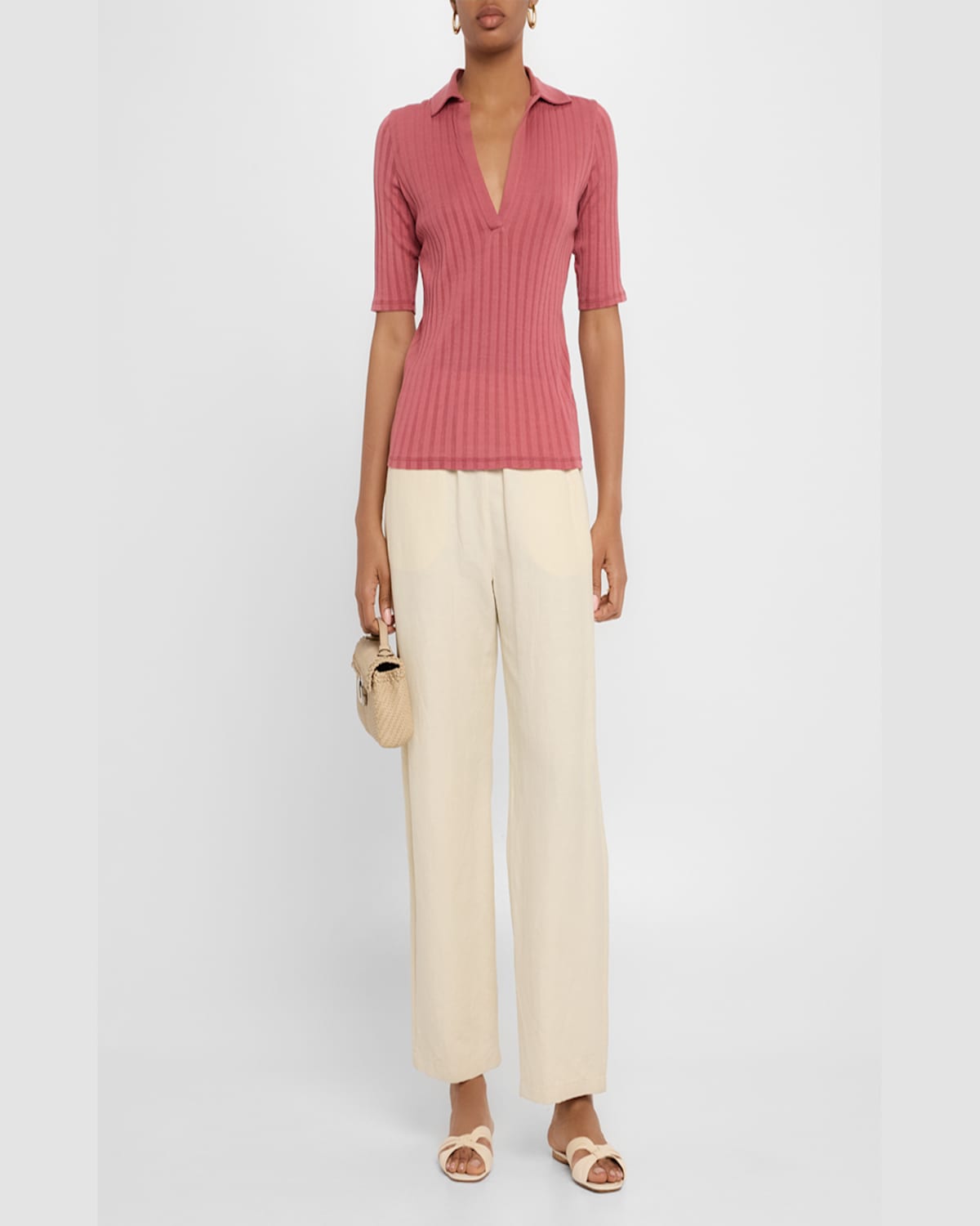 Vince Womens Peony Wood Ribbed V-neck Cotton Polo Shirt In Pink
