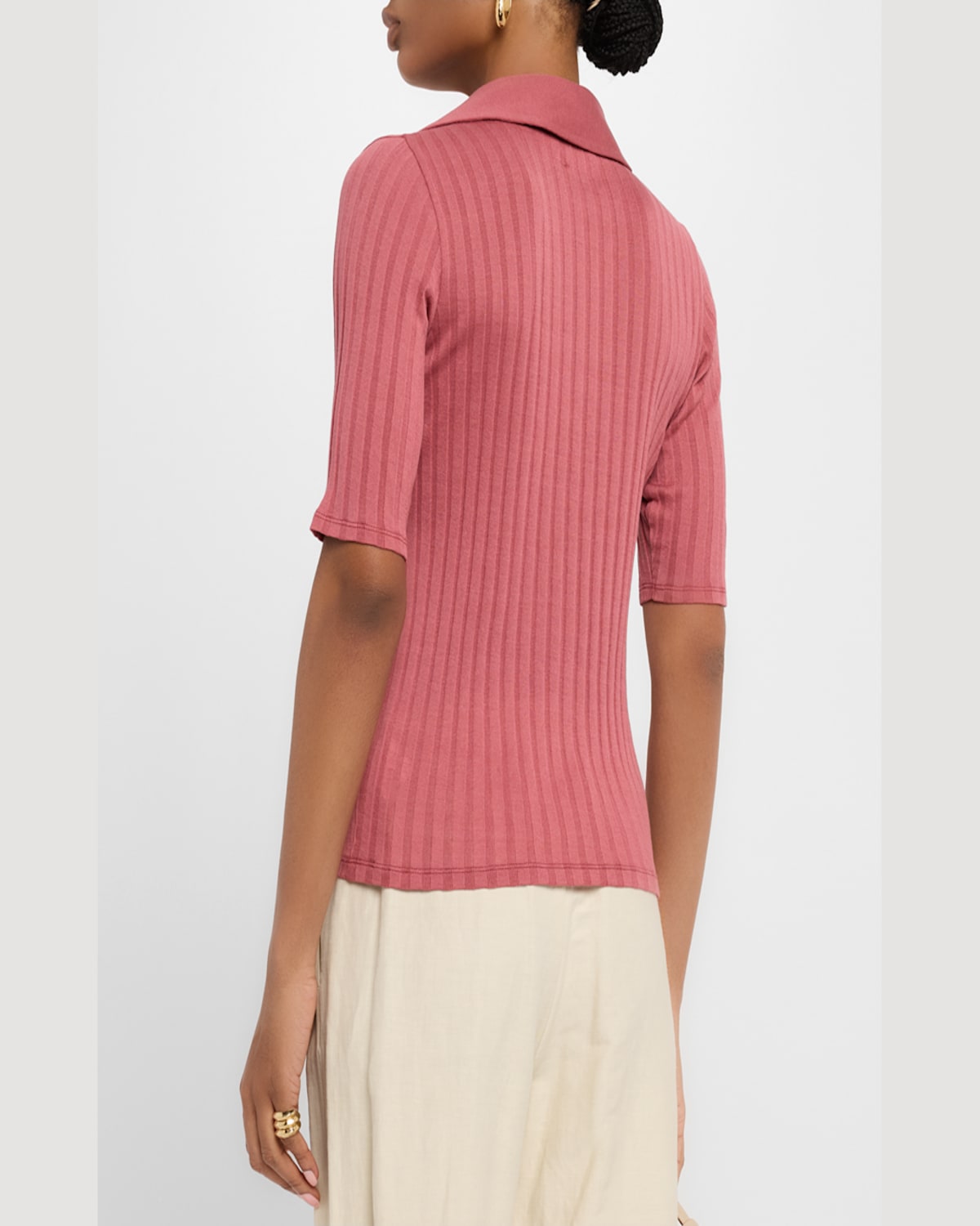 Vince Womens Peony Wood Ribbed V-neck Cotton Polo Shirt In Pink