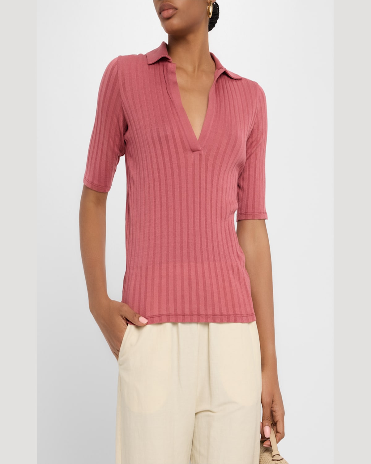 Vince Womens Peony Wood Ribbed V-neck Cotton Polo Shirt In Pink